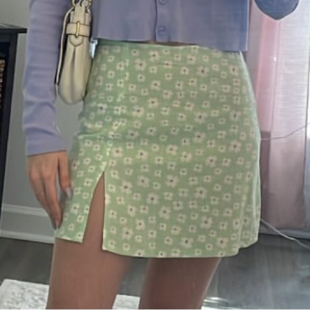 Olivaceous Pistachio & Lavender Floral Green Mini Skirt